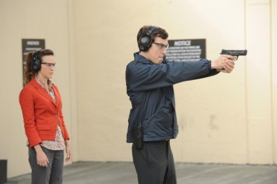 L-R: Daisy (guest star Carla Gallo) helps Sweets (John Francis Daley) prepare for his gun certification test