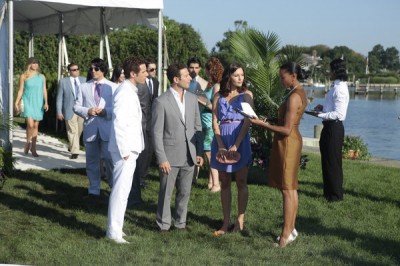 Evan, Hank and Jill meet the divorce party greeter (Kearran Giovanni)