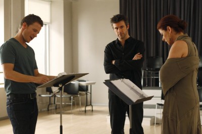 Will Chase (Michael), Jack Davenport (Derek) and Debra Messing (Julia) in a scene from "The Workshop."