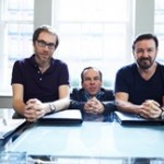 L-R: Stephen Merchant, Warwick Davis, and Ricky Gervais.