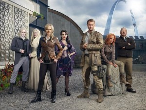 DEFIANCE -- Season: 1 -- Pictured: (l-r) Tony Curran as Datak Tarr, Jaime Murray as Stahma Tarr, Julie Benz as Amanda Rosewater, Mia Kirshner as Kenya Rosewater, Grant Bowler as Joshua Nolan, Stephanie Leonidas as Irisa Nyira, Graham Greene as Rafe McCawley -- (Photo by: Joe Pugliese/Syfy)