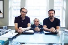 L-R: Stephen Merchant, Warwick Davis, and Ricky Gervais.