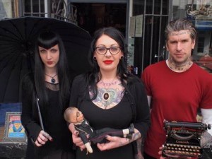 L-R: Wednesday Mourning, Audra Kunckle and Korri Sabatini stand in front of the Loved To Death shop in San Francisco. Photo Cr: Jesse Mann/Science Channel