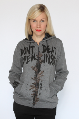 During a Zombie Apocalypse, there could be Zombies behind every door. Thankfully, in The Walking Dead, Rick received warning at the Hospital, "Don't Open Dead Inside" spray painted on the Hospital doors. This hoodie comes in sizes S-4XL complete with thumbholes and Zombie lining in the hood.
