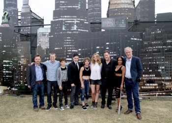 FOX FANFARE AT SAN DIEGO COMIC-CON 2014: (L-R) Writer/Producer Danny Cannon and cast members Ben McKenzie, David Mazouz, Robin Lord Taylor, Camren Bicondova, Erin Richards, Donal Logue, Jada Pinkett Smith and writer/producer Bruno Heller at the GOTHAM Interactive Fun Zone at Bayfront Park in San Diego on Saturday, July 26. CR: Marissa Carter/FOX