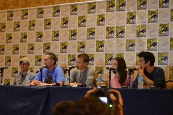 L-R: Director Wes Ball, Writer James Dashner, Cast members Will Poulter, Kaya Scodelario, and Dylan O’Brien 