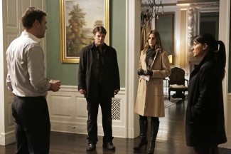 L-R: Cole (Ivan Sergei) is being questioned about his wife's whereabouts by Castle (Nathan Fillion), Beckett (Stana Katic), and local West Chester police Det. Neely (guest star Suleka Mathew)