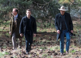 The hunt for Ava is on. Pictured (l-r): Louis Herthum as Detective Willits; Jacob Pitts as Deputy U.S. Marshal Tim Gutterson; and Timothy Olyphant as Deputy U.S. Marshal Raylan Givens 