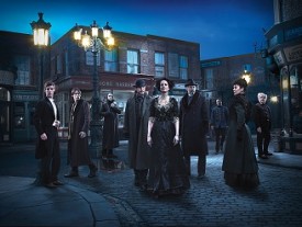 Harry Treadaway as Dr. Victor Frankenstein, Reeve Carney as Dorian Gray, Rory Kinnear as the creature, Josh Hartnett as Ethan Chandler, Eva Green as Vanessa Ives, Timothy Dalton as Sir Malcolm, Danny Sapani as Sembeme, Helen McCrory as Evelyn Poole and Simon Russell Beale as Ferdinand Lyle in Penny Dreadful (Season 2)  - Photo: Jim Fiscus/SHOWTIME - Photo ID: PENNYDREADFUL_PR04_Street-scene_4C_300