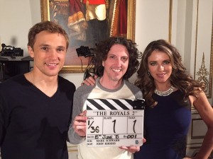 THE ROYALS -- Episode 201 -- Pictured: (l-r) William Moseley, Creator Mark Schwahn and Elizabeth Hurley -- (Photo by: Kevin Plunkett/E! Entertainment)