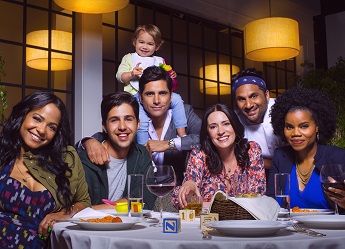 Pictured L-R: Christina Milian as Vanessa, Josh Peck as Gerald, John Stamos as Jimmy, Paget Brewster as Sara, Ravi Patel as Ken and Kelly Jenrette as Annelise. ©2015 Fox Broadcasting Co. CR: Robert Trachtenberg/FOX