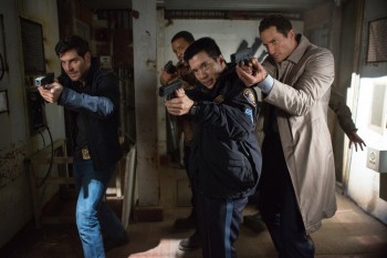 GRIMM -- "Wesen Nacht" Episode 506 -- Pictured: (l-r) David Giuntoli as Nick Burkhardt, Reggie Lee as Sgt. Wu, Sasha Roiz as Captain Renard -- (Photo by: Scott Green/NBC)