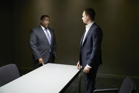 SUITS -- "Blowback" Episode 511 -- Pictured: (l-r) Wendell Pierce as Robert Zane, Patrick J. Adams as Michael Ross -- (Photo by: Shane Mahood/USA Network)