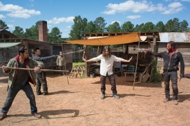 Peter Zimmerman as Eduardo, Rich Ceraulo as Guard, Tom Payne as Jesus, and Andrew Lincoln as Rick Grimes - The Walking Dead _ Season 6, Episode 11 - Photo Credit: Gene Page/AMC