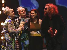 L-R: Lucius (duo); center - Joy Williams; Jim James