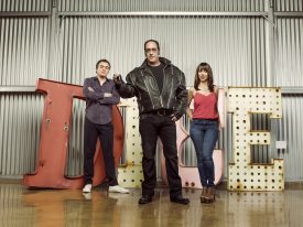 A still from the Showtime original series DICE (Season 1, Gallery). - Photo: Brian Bowen Smith/Courtesy of SHOWTIME - Photo ID: DICE_Group_01.R Pictured: Kevin Corrigan as Milkshake, Andrew Dice Clay as himself and Natasha Leggero as Carmen