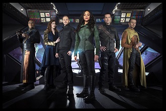 KILLJOYS -- Season:2 -- Pictured: (l-r) Thom Allison as Pree, Sarah Power as Pawter, Aaron Ashmore as John, Hannah John-Kamen as Duth, Luke Macfarlane as D'Avin, Morgan Kelly as Alvis -- (Photo by: Steve Wilkie/Syfy/Killjoys II Productions Limited)