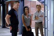 L-R George Eads as Jack Dalton, Tristin Mays as Riley Davis, and Lucas Till as Angus “Mac” MacGyver