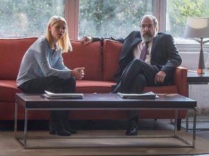 Claire Danes as Carrie Mathison and Mandy Patinkin as Saul in a scene from Season 6 of <i>Homeland</i>