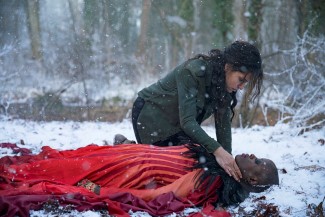 EMERALD CITY -- "The Beast Forever" Episode 101-- Pictured: (l-r) Adria Arjona as Dorothy, Florence Kasumba as Mistress/Witch of The East -- (Photo by: David Lukacs/NBC)