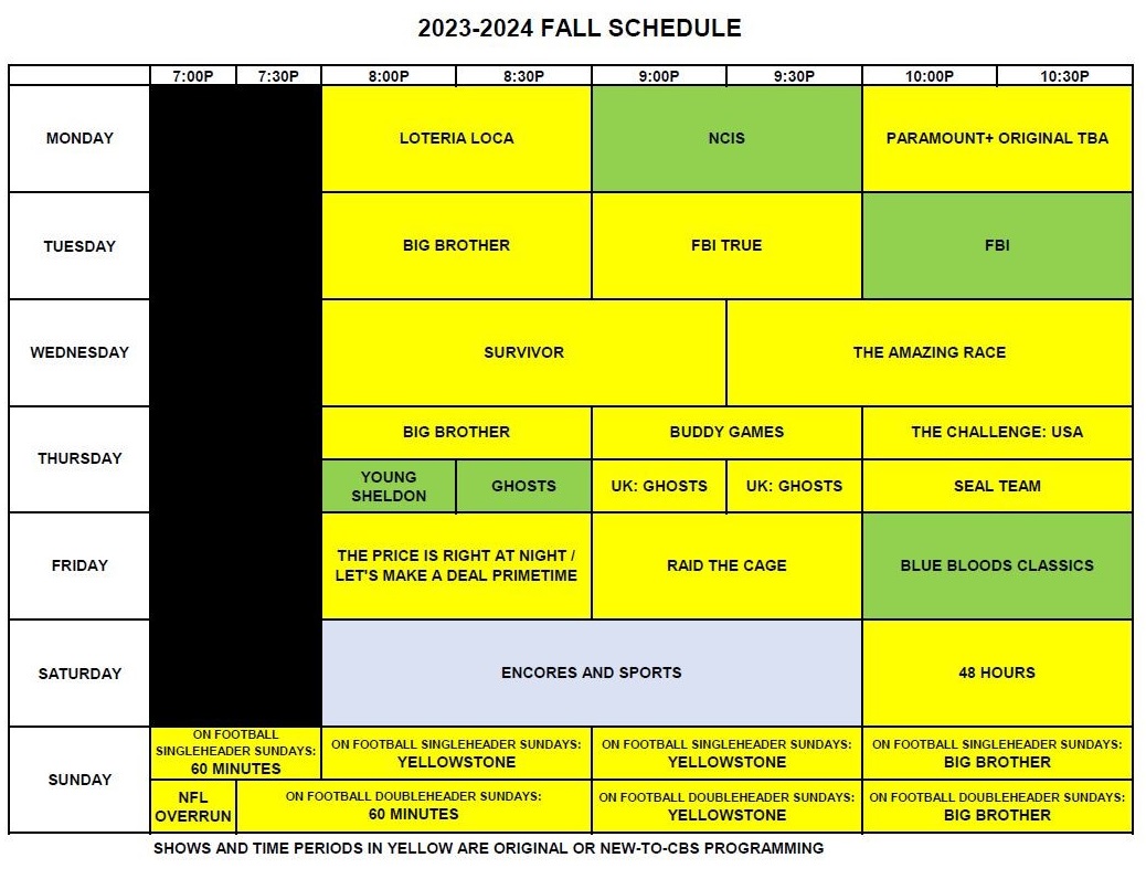 CBS FAll 2023-24 Fall Schedule Programming